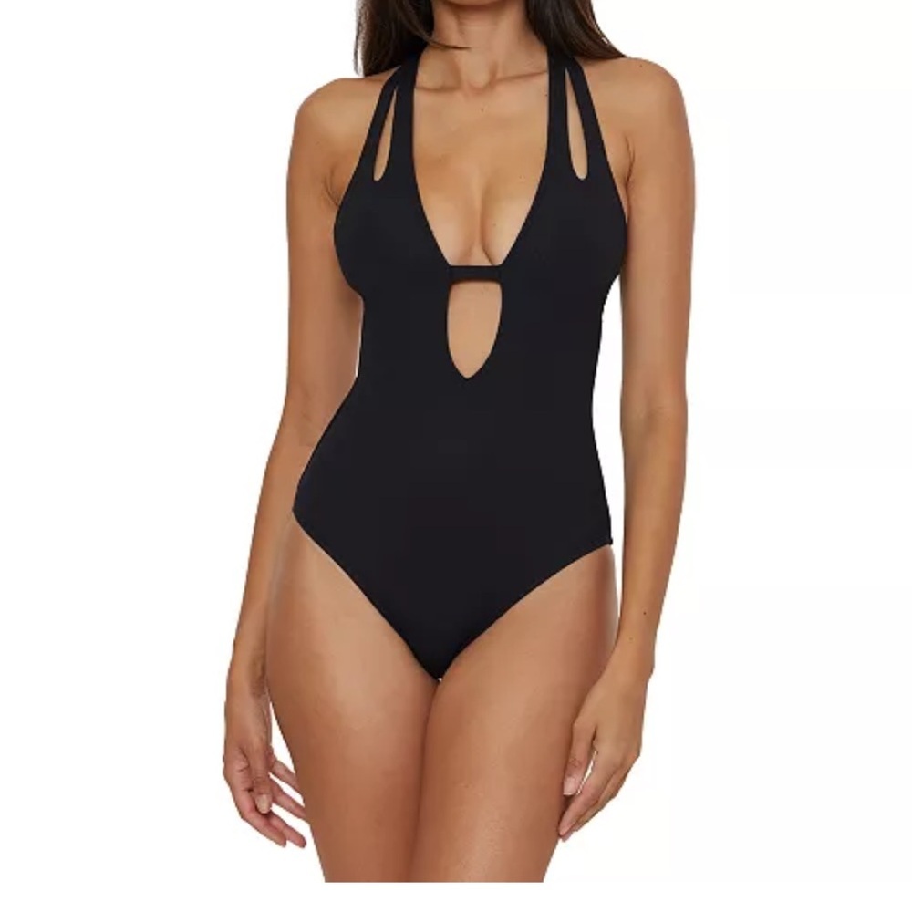 BECCA Modern Edge Black Plunge Cutout One Piece Swimsuit Size L NWT